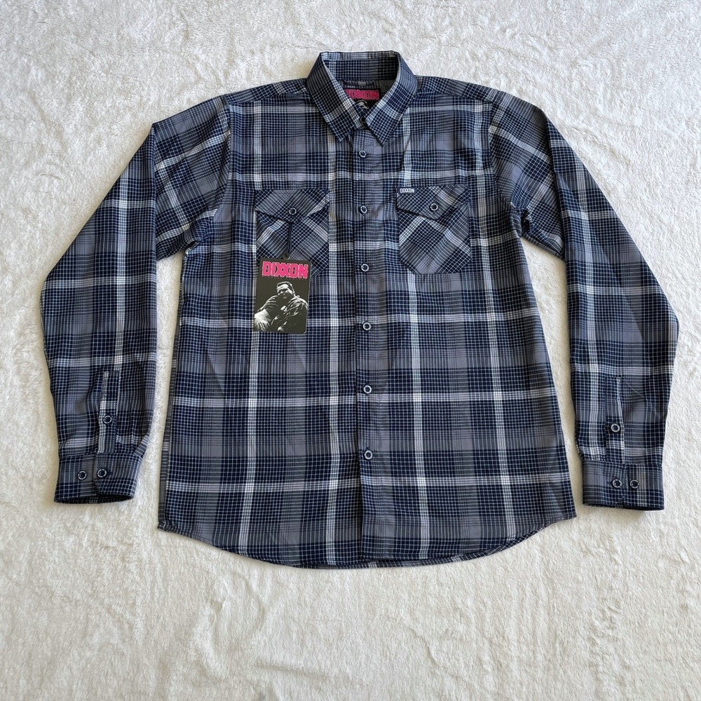 NWT Dixxon Flannel Co Paulson Navy Grey Plaid D-Tech Shirt Mens LT Large Tall